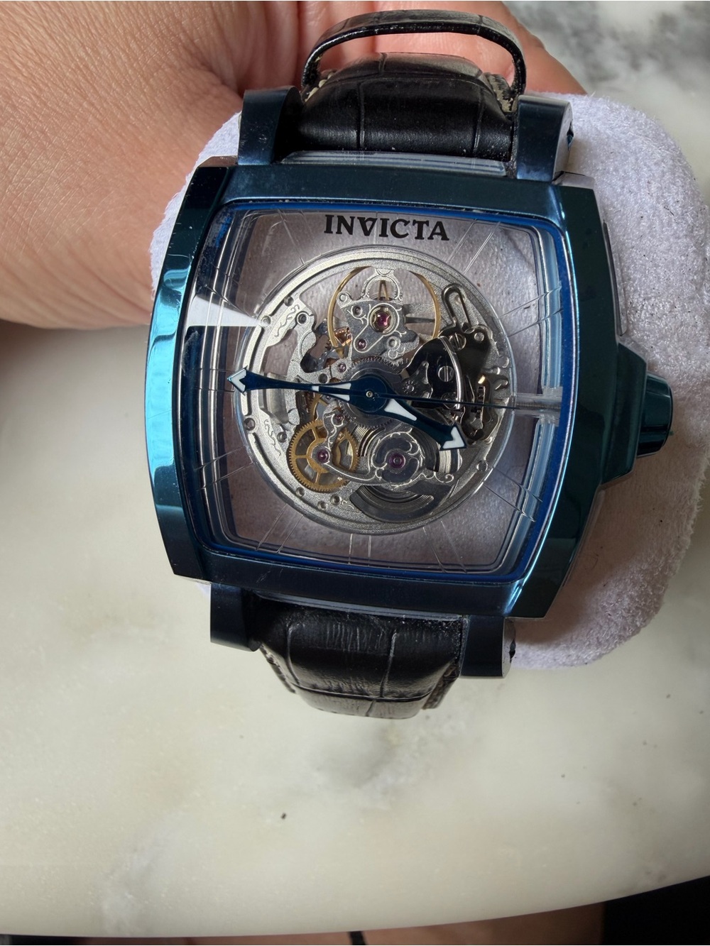 Invicta Men's Blue-Tone Skeleton Dial Automatic Watch with Black Leather Strap - Picture 4 of 10